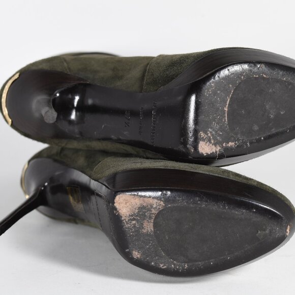 Burberry Olive Suede Ankle Boots with Gold Accents Size 37.5 Stiletto Heel - Picture 11 of 14